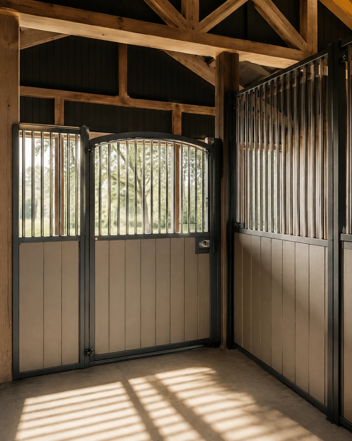 Licht en ruimte aan de binnenzijde van de stal, met beige kunststof en RVS-spijlen